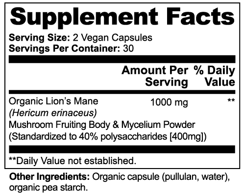 Pure Lion's Mane Mushroom - US Grown - 60 Capsules